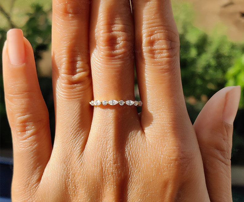 Elegant Alternating Marquise and Round Band - Floating Moissanite Wedding Beauty - Silver and Gold Half Eternity Stackable Ring - Moissanite Wedding Band