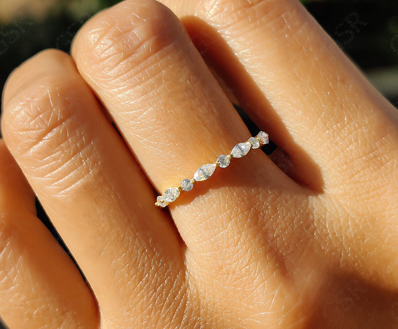 Elegant Alternating Marquise and Round Band - Floating Moissanite Wedding Beauty - Silver and Gold Half Eternity Stackable Ring - Moissanite Wedding Band