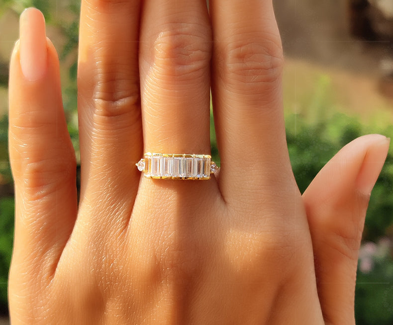 Elegant Baguette Bliss: Silver and Gold Baguette Moissanite Anniversary Ring - Dainty Moissanite Stackable Ring, Ideal Gift For Her