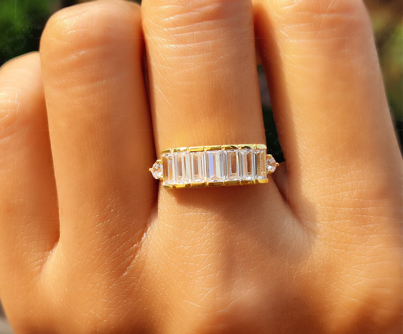 Elegant Baguette Bliss: Silver and Gold Baguette Moissanite Anniversary Ring - Dainty Moissanite Stackable Ring, Ideal Gift For Her