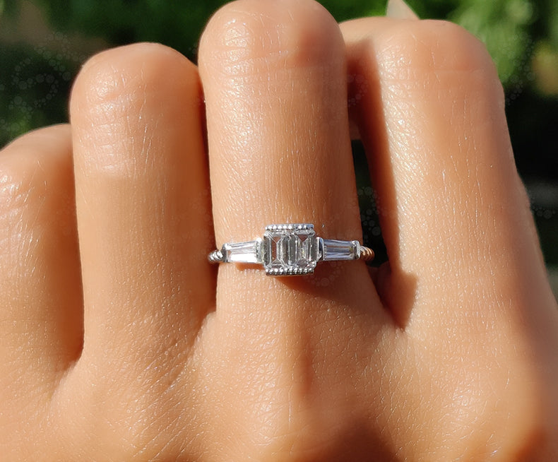 Elegant Baguette Engagement Ring - Twisted Cable Rope Design in Silver and Gold - Colorless Moissanite Diamond Dainty Wedding Ring
