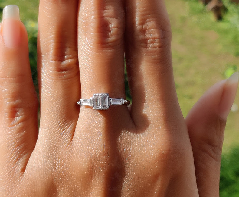 Elegant Baguette Engagement Ring - Twisted Cable Rope Design in Silver and Gold - Colorless Moissanite Diamond Dainty Wedding Ring