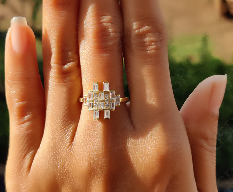Elegant Baguette Moissanite Anniversary Ring - Silver and Yellow Gold Stackable Beauty - Unique Minimalist Jewelry - Dainty Promise Ring