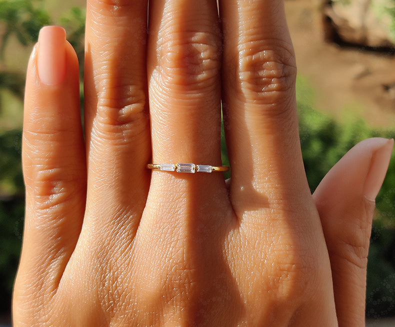 Elegant Baguette Moissanite Diamond Ring - Silver and Solid Gold Minimalist Three-Stone Beauty - Perfect Stacking Baguette Wedding Ring or Promise Ring