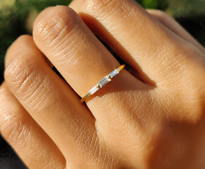 Elegant Baguette Moissanite Diamond Ring - Silver and Solid Gold Minimalist Three-Stone Beauty - Perfect Stacking Baguette Wedding Ring or Promise Ring