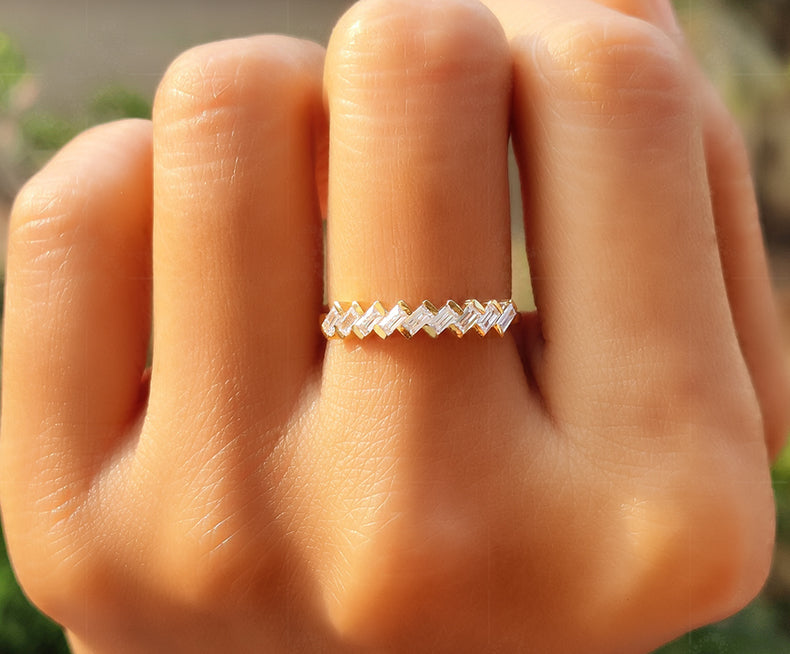 Elegant Baguette Moissanite Wedding Band - Silver and Gold Beauty with Minimalist Design - Perfect Dainty Anniversary Ring and Gift for Her