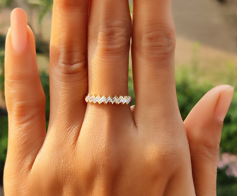 Elegant Baguette Moissanite Wedding Band - Silver and Gold Beauty with Minimalist Design - Perfect Dainty Anniversary Ring and Gift for Her