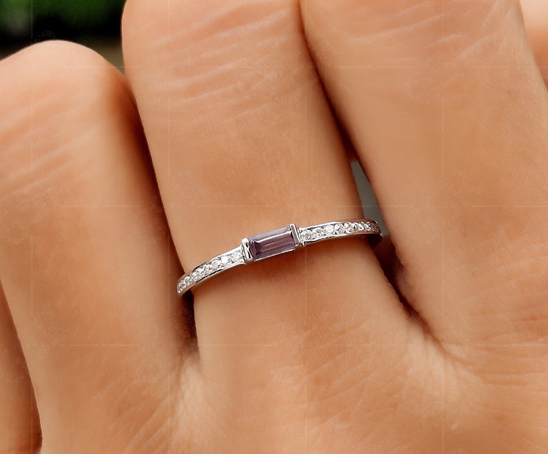 Elegant Baguette Stacking Ring - Alexandrite Birthstone Beauty - Dainty Stackable Ring, a Minimalist Birthstone Ring and Thoughtful Anniversary Gift for Mom