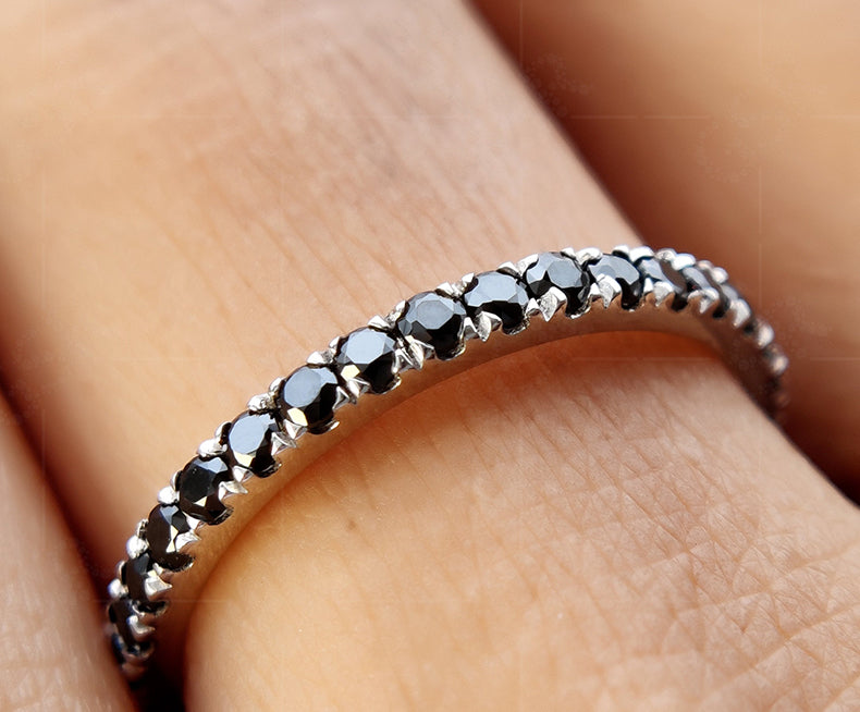 Elegant Black Moissanite Wedding Band for Women - 2mm Pave Full Eternity Beauty - Matching Stackable Rings, Perfect Black Stone Anniversary Band and Stacking Ring
