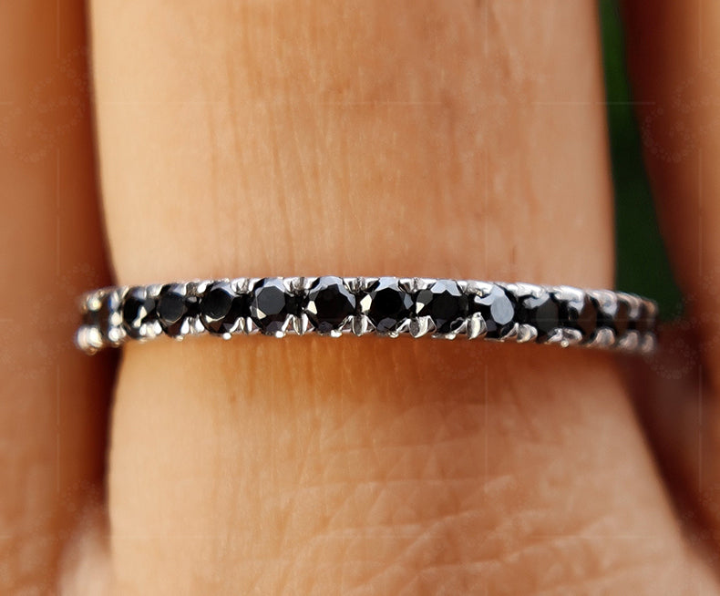 Elegant Black Moissanite Wedding Band for Women - 2mm Pave Full Eternity Beauty - Matching Stackable Rings, Perfect Black Stone Anniversary Band and Stacking Ring