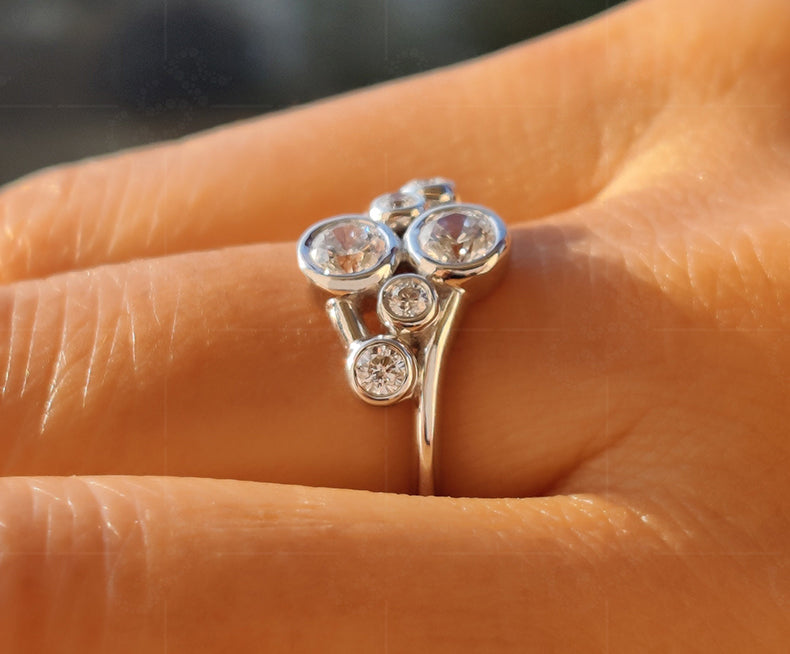 Elegant Cluster Gold Ring - Bubble Style Bezel Set Round Moissanite Beauty - Six Stone Anniversary Ring for Women - Minimalist Silver and Gold Ring