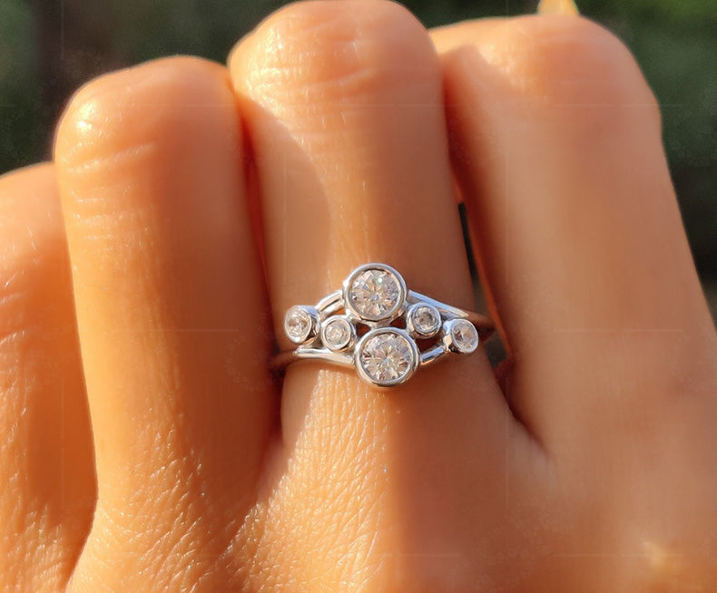 Elegant Cluster Gold Ring - Bubble Style Bezel Set Round Moissanite Beauty - Six Stone Anniversary Ring for Women - Minimalist Silver and Gold Ring