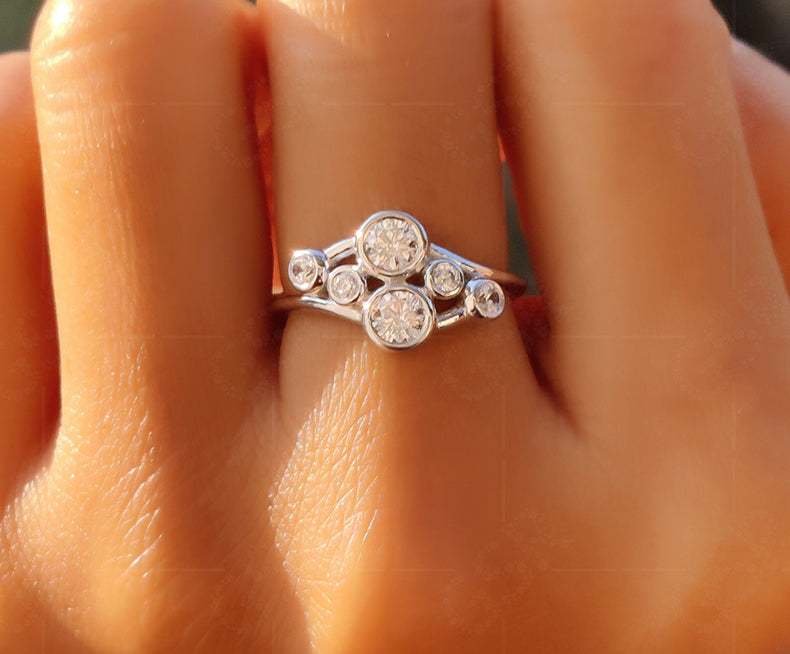 Elegant Cluster Gold Ring - Bubble Style Bezel Set Round Moissanite Beauty - Six Stone Anniversary Ring for Women - Minimalist Silver and Gold Ring