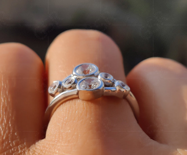 Elegant Cluster Gold Ring - Bubble Style Bezel Set Round Moissanite Beauty - Six Stone Anniversary Ring for Women - Minimalist Silver and Gold Ring