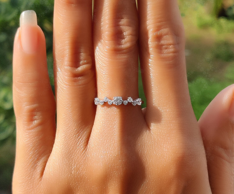 Elegant Cluster Minimal Gold Ring - Silver and White Gold Stackable Beauty with Colorless Moissanite - Dainty Promise Ring, Perfect Gift for Her