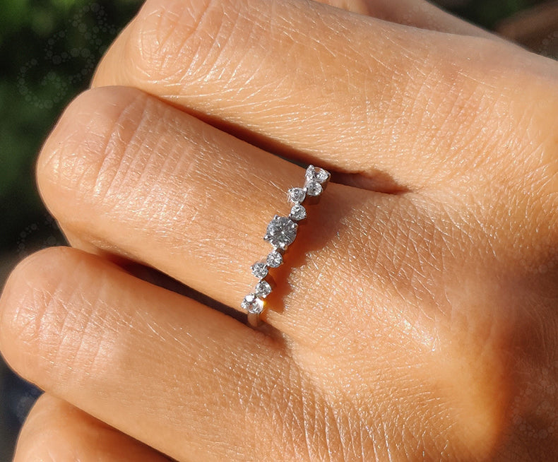 Elegant Cluster Minimal Gold Ring - Silver and White Gold Stackable Beauty with Colorless Moissanite - Dainty Promise Ring, Perfect Gift for Her