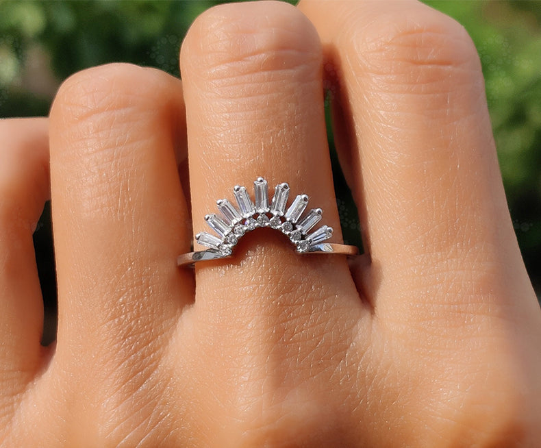 Elegant Curved Wedding Band - Baguette Moissanite Beauty - Silver and Gold Wedding Band for Women, Dainty Matching Band