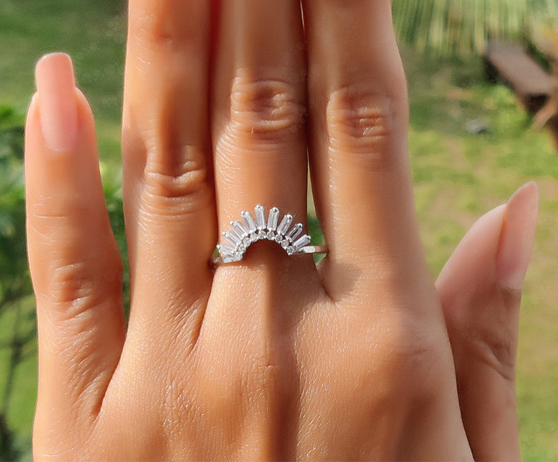 Elegant Curved Wedding Band - Baguette Moissanite Beauty - Silver and Gold Wedding Band for Women, Dainty Matching Band