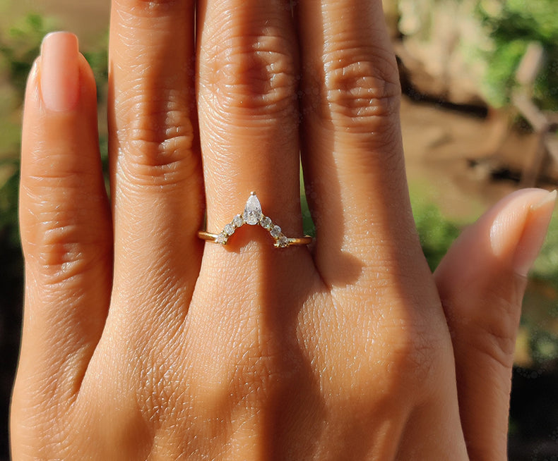 Elegant Curved Wedding Band - Contour Stackable Pear Moissanite Beauty - Nesting Dainty Design - Silver and Gold Stacking Ring - Crown Style Matching Band