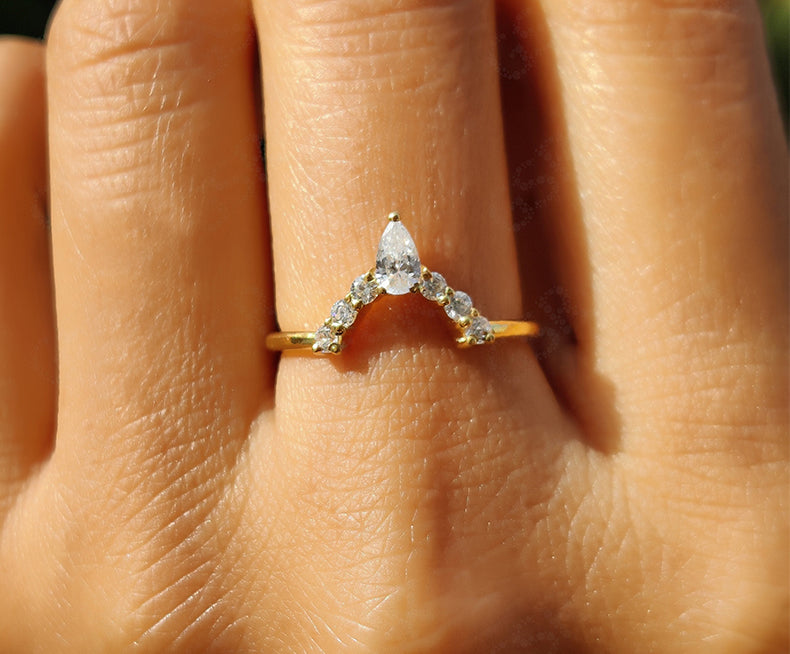 Elegant Curved Wedding Band - Contour Stackable Pear Moissanite Beauty - Nesting Dainty Design - Silver and Gold Stacking Ring - Crown Style Matching Band