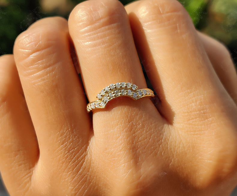 Elegant Curved Wedding Band - Stunning Moissanite Eternity Ring - Nesting Dainty Band - Silver and Gold Stacking Ring - Crown Style Matching Band