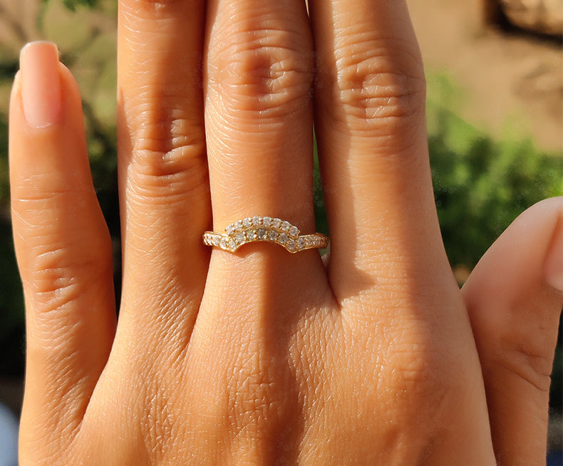 Elegant Curved Wedding Band - Stunning Moissanite Eternity Ring - Nesting Dainty Band - Silver and Gold Stacking Ring - Crown Style Matching Band