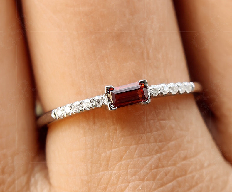Elegant Dainty Garnet Baguette Ring - Stacking January Birthstone Beauty for Women - Minimalist Stackable Rings, Perfect Delicate Anniversary and Mom Ring