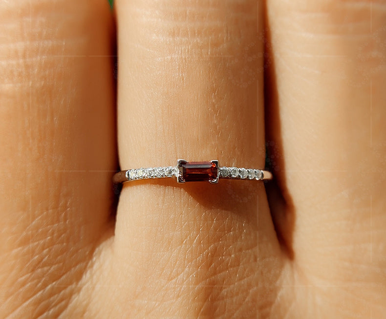 Elegant Dainty Garnet Baguette Ring - Stacking January Birthstone Beauty for Women - Minimalist Stackable Rings, Perfect Delicate Anniversary and Mom Ring