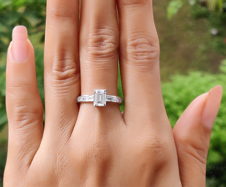 Elegant Emerald Solitaire Engagement Ring - Silver and Gold Minimalist Beauty with Baguette Accent - Colorless Moissanite Dainty Wedding Ring
