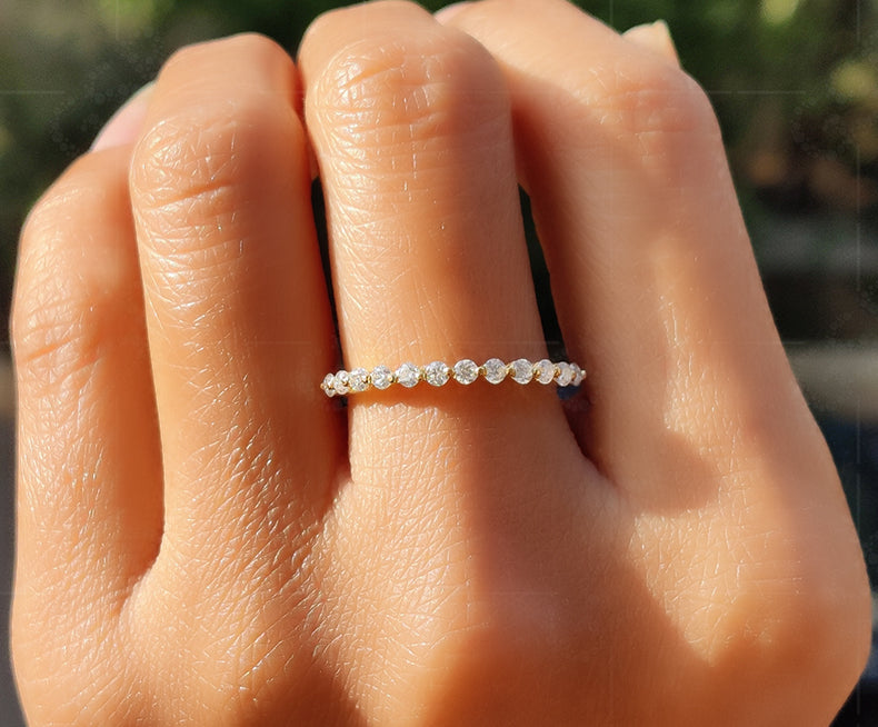 Elegant Floating Moissanite Wedding Ring - Half Eternity Stacking Silver and Gold Beauty with 2mm Round Moissanite - Perfect Anniversary Ring