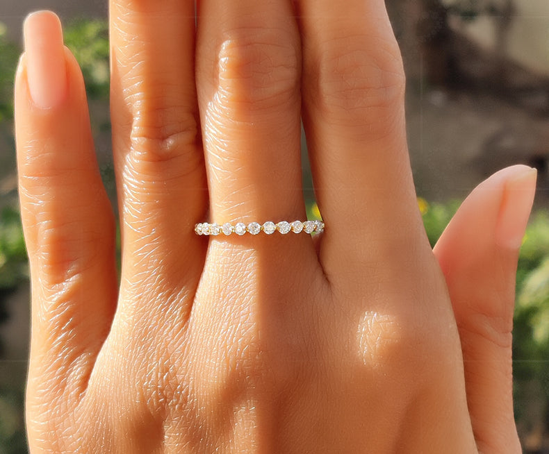 Elegant Floating Moissanite Wedding Ring - Half Eternity Stacking Silver and Gold Beauty with 2mm Round Moissanite - Perfect Anniversary Ring