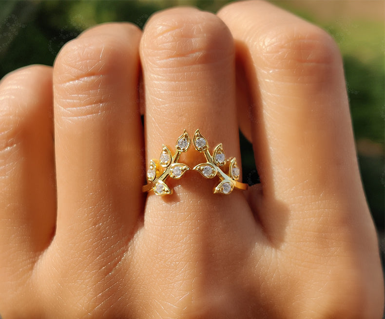 Elegant Floral Curved Chevron Band - Leaf V Shape Moissanite Beauty - Silver and Gold Ring - Natural Style Dainty Promise Ring