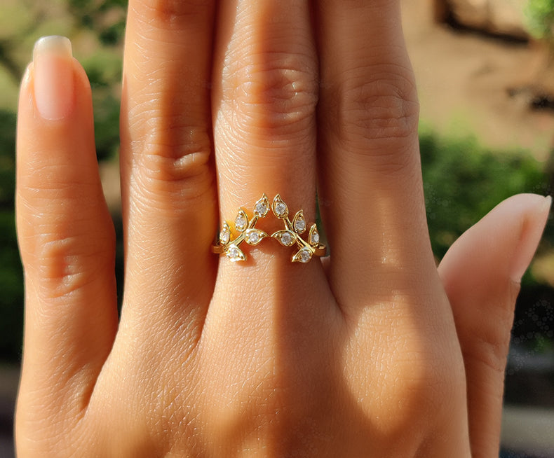 Elegant Floral Curved Chevron Band - Leaf V Shape Moissanite Beauty - Silver and Gold Ring - Natural Style Dainty Promise Ring