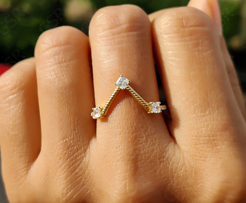 Elegant Gold Chevron Ring - Princess Moissanite Wedding Beauty - Geometric Stacking Ring - Dainty Anniversary Ring