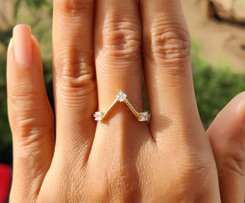 Elegant Gold Chevron Ring - Princess Moissanite Wedding Beauty - Geometric Stacking Ring - Dainty Anniversary Ring