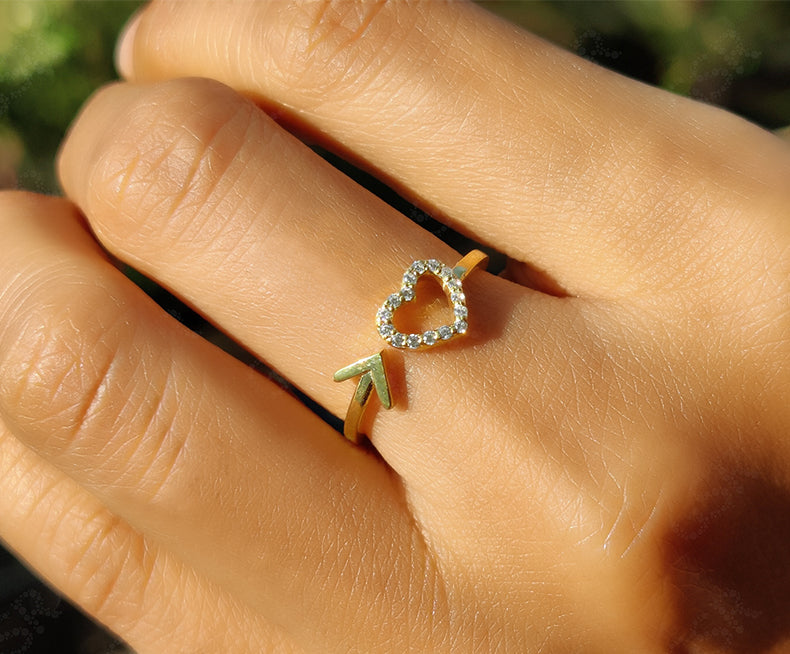 Elegant Hollow Heart Arrow Design Open Cuff Ring - Gold Moissanite Stackable Beauty - Dainty Minimalist Promise Ring for Her
