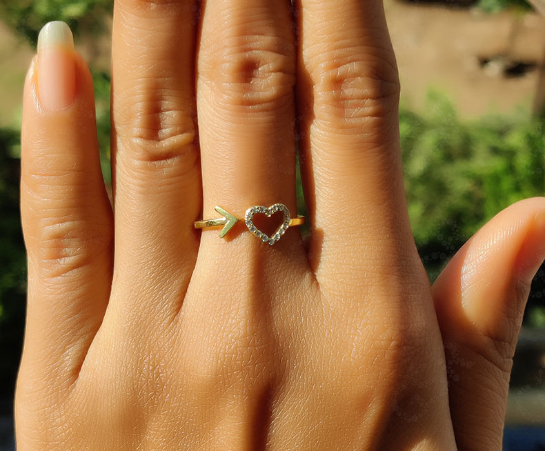 Elegant Hollow Heart Arrow Design Open Cuff Ring - Gold Moissanite Stackable Beauty - Dainty Minimalist Promise Ring for Her