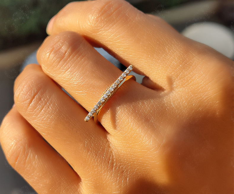 Elegant Line Horizontal Bar Ring - Silver and Solid Gold Moissanite Beauty - Unique Minimal Jewelry, a Dainty Minimalist Stackable Ring