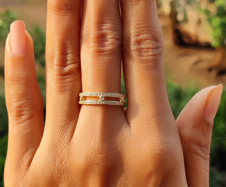 Elegant Modern Full Eternity Wedding Ring - Silver and Gold Beauty with Round Moissanite in 2-Row Design - Women's Wedding Band, Perfect Anniversary Gift for Her