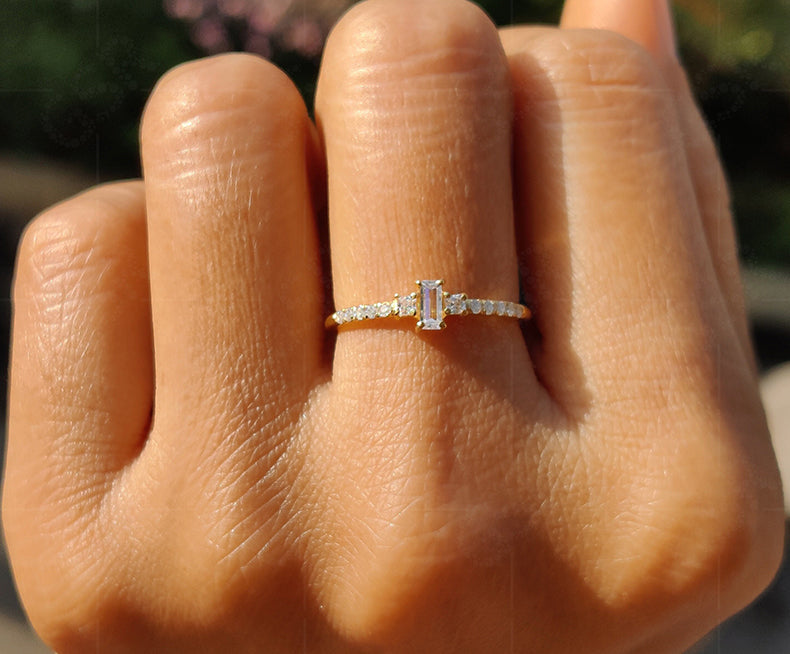 Elegant Multi Stone Moissanite Engagement Ring - Dainty Stacking Beauty - Silver and Gold Ring, a Minimal Gold Anniversary and Women Wedding Ring