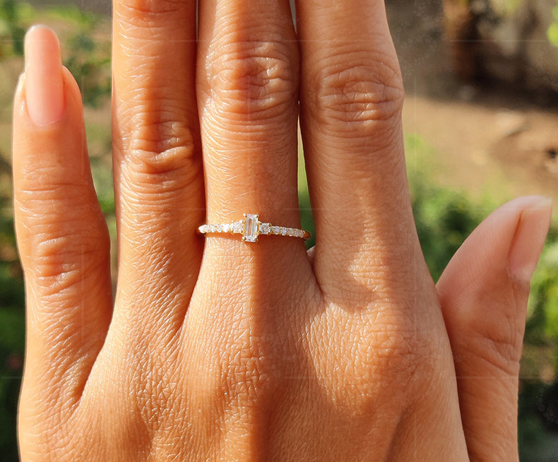 Elegant Multi Stone Moissanite Engagement Ring - Dainty Stacking Beauty - Silver and Gold Ring, a Minimal Gold Anniversary and Women Wedding Ring