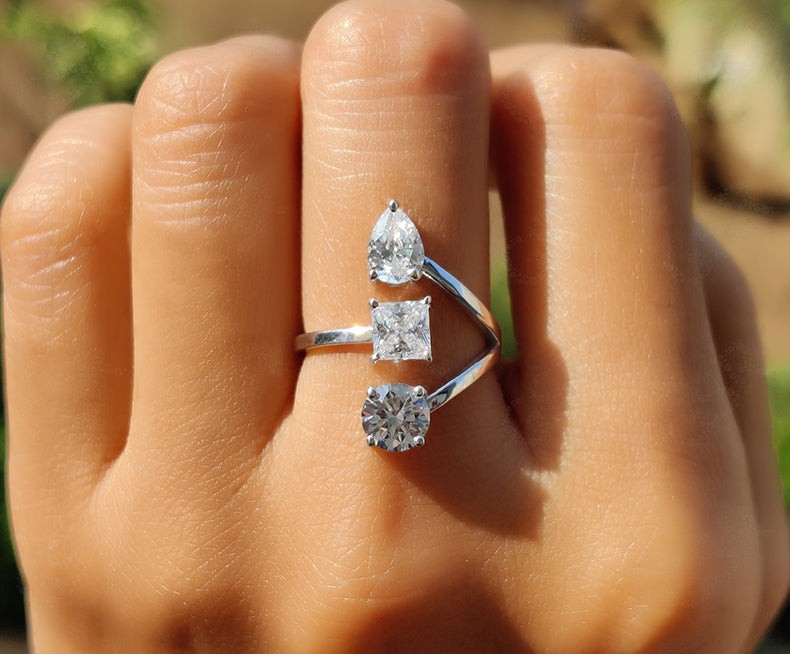 Elegant Open Cuff Gold Ring - Vertical Line Trilogy Beauty with Multi Moissanite Stones - Versatile 3 Stone Open Stackable Ring, Dainty Promise Ring