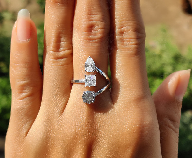 Elegant Open Cuff Gold Ring - Vertical Line Trilogy Beauty with Multi Moissanite Stones - Versatile 3 Stone Open Stackable Ring, Dainty Promise Ring