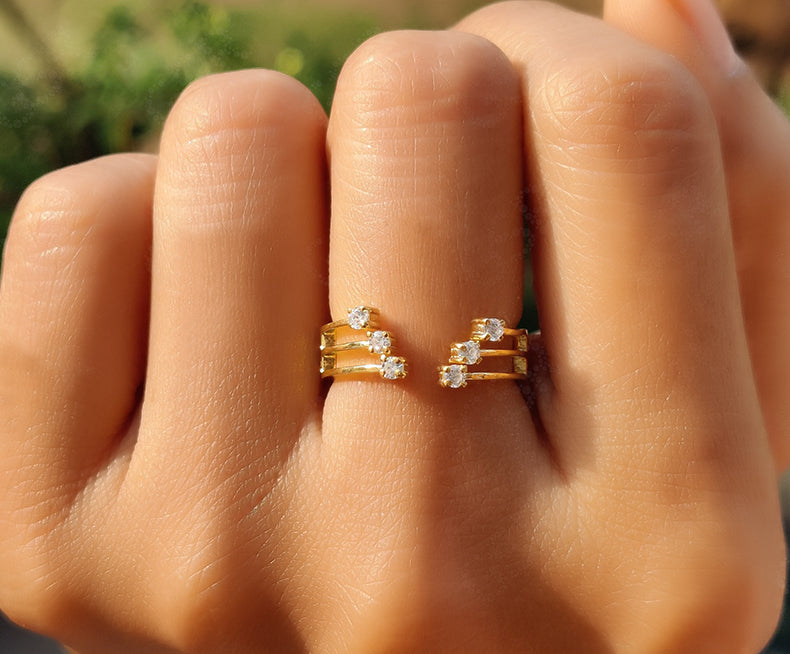 Elegant Open Cuff Ring - Gold Moissanite Beauty with 3 Row V Shape - Perfect Stackable and Dainty Minimalist Ring, Ideal Promise Ring for Women