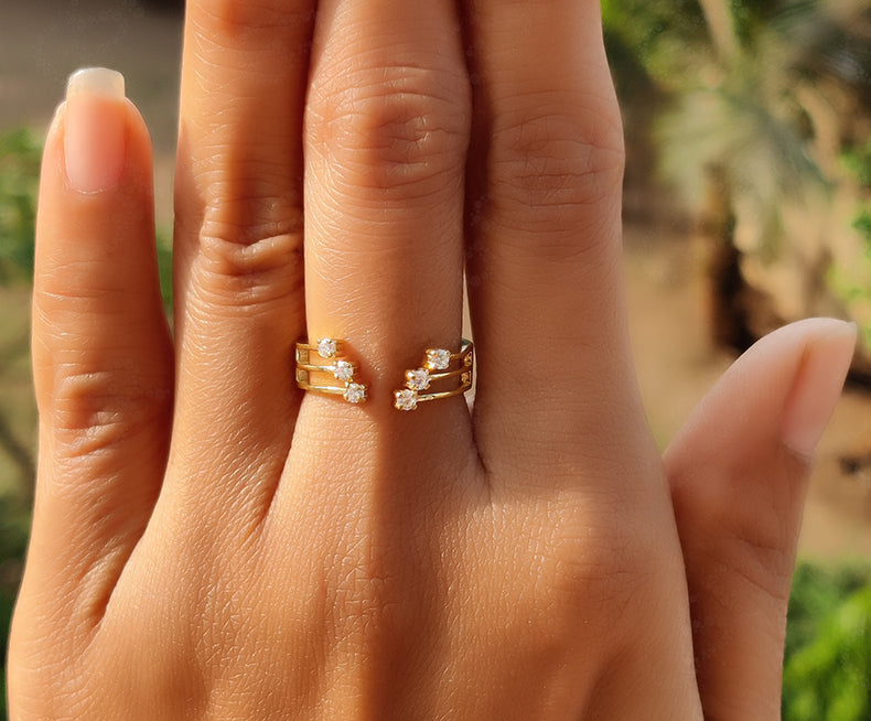 Elegant Open Cuff Ring - Gold Moissanite Beauty with 3 Row V Shape - Perfect Stackable and Dainty Minimalist Ring, Ideal Promise Ring for Women