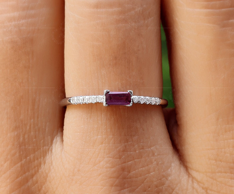Elegant Rhodolite Garnet Baguette Ring - Stackable Birthstone Rings for Mom - Dainty Gold Stacking Ring - Women's Minimalist Delight - Thin Delicate Ring