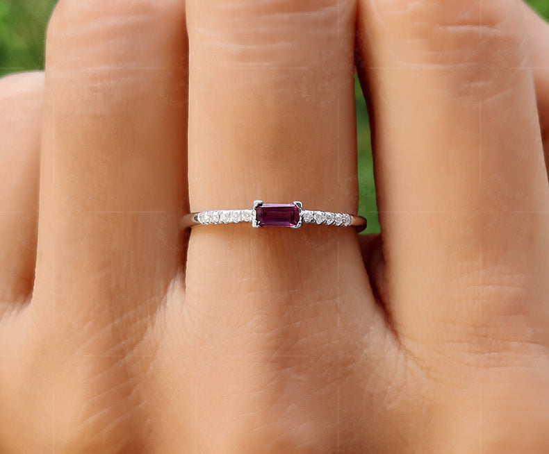 Elegant Rhodolite Garnet Baguette Ring - Stackable Birthstone Rings for Mom - Dainty Gold Stacking Ring - Women's Minimalist Delight - Thin Delicate Ring
