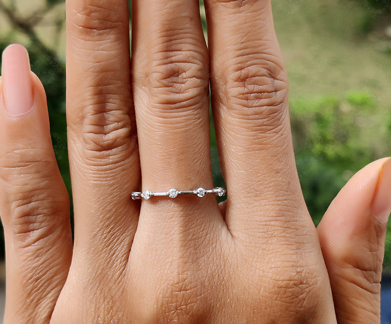 Elegant Round Moissanite Dainty Wedding Band - Silver and Gold Stackable Ring