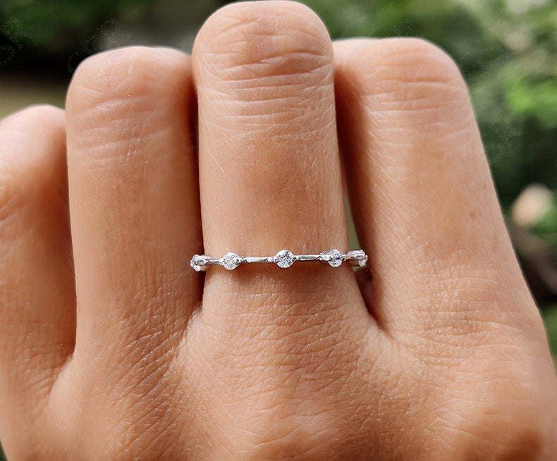 Elegant Round Moissanite Dainty Wedding Band - Silver and Gold Stackable Ring