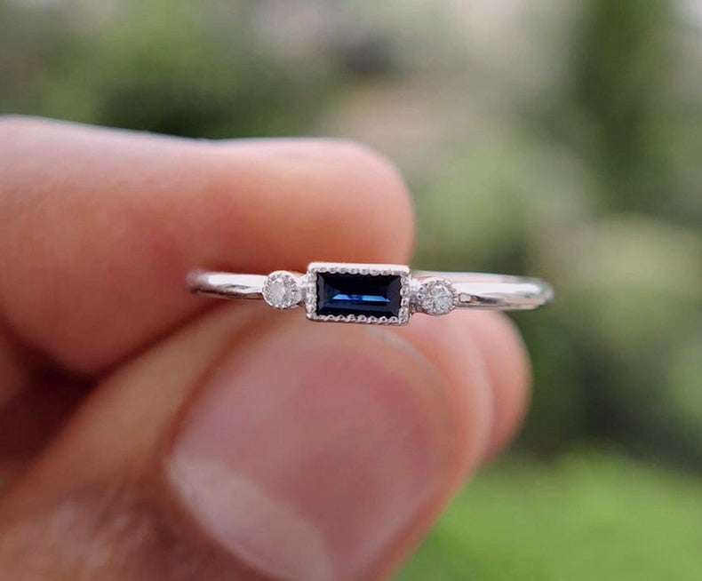 Elegant Sapphire and Moissanite Stacking Ring - Dainty September Birthstone Beauty - Minimalist Delicate Ring for Her